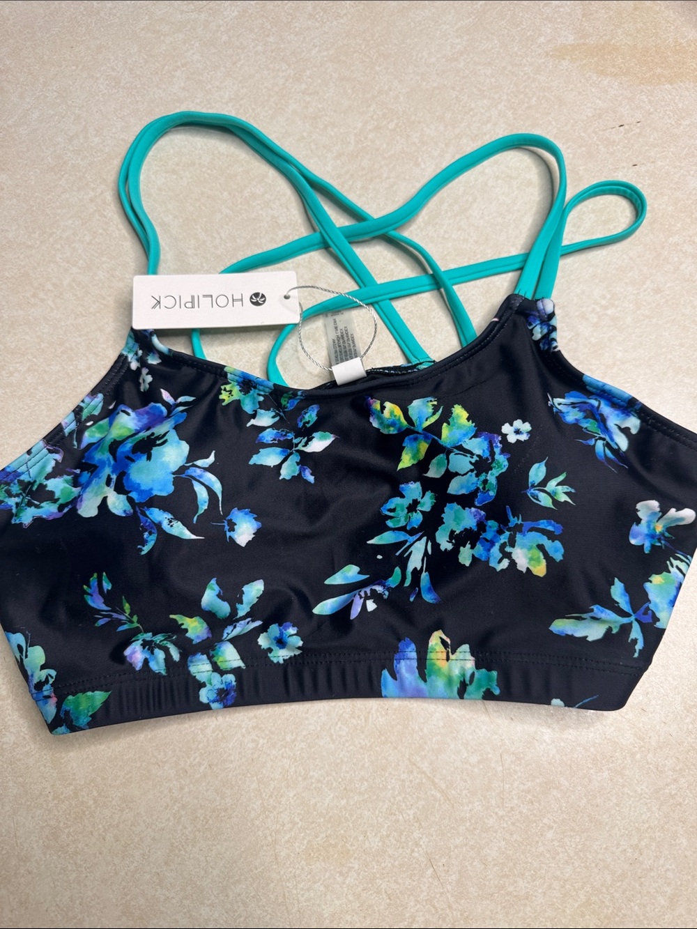 New Holipick Floral Black & Teal Strappy Swim Top-Size Small
